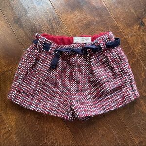 Zara 12-18M Maroon White and Navy Tweed Shorts with Navy Ribbon Bow Belt